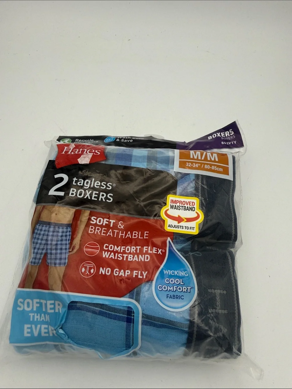Hanes 2-Pack Tagless Boxers cool wicking flex waistband sz M 32-34 blue plaid